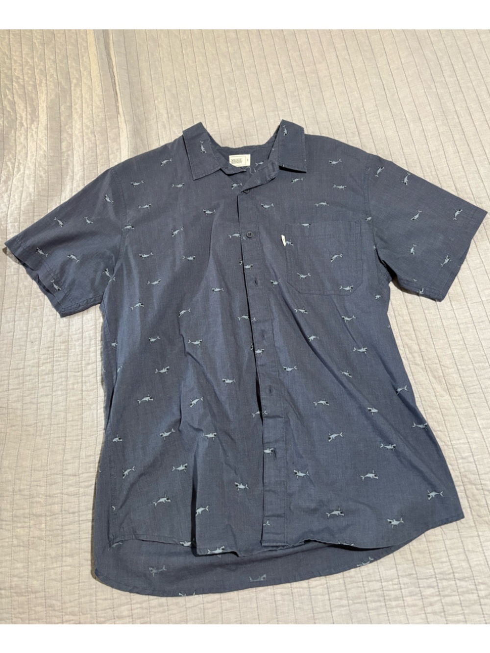 Men's Navy Short-Sleeve Button-Up Shirt with Subtle Shark Print